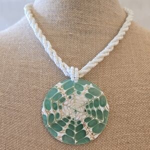 Green Resin Infused Mother Of Pearl Pendant White Glass Seed Bead Necklace
